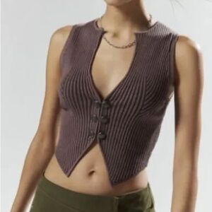 Vintage Silence + Noise Brown Ribbed Knit Hook Front Vest Top